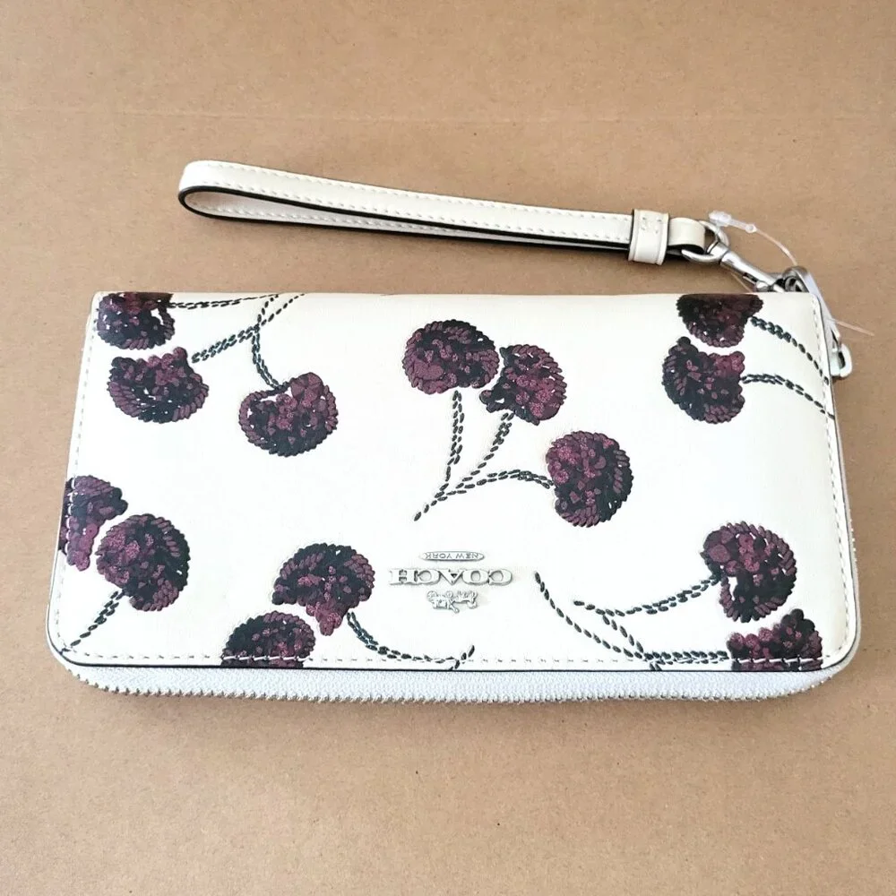 Coach CDE92 Long Zip Around Wallet Cherry Embossed Print Leather Chalk Multi - Picture 6 of 7